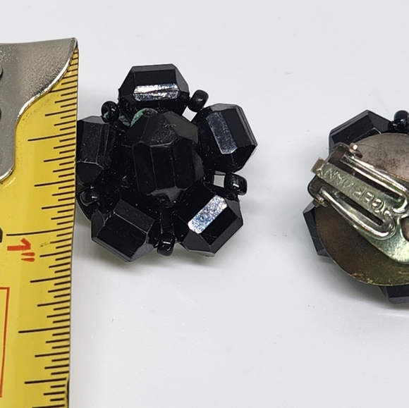 Vintage Germany Signed Black Cluster Glass Beaded Button Clip On Earrings - Picture 8 of 8